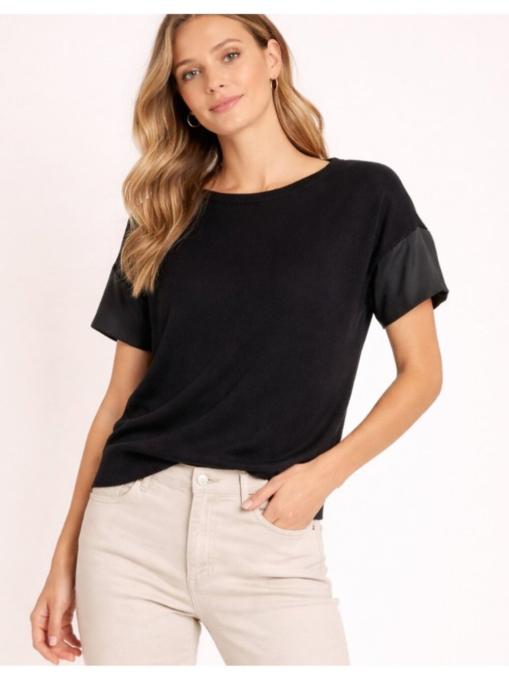 Lafayette 148 New York Linen Knit‎ Short Sleeve Contrast Sleeves Womens Small